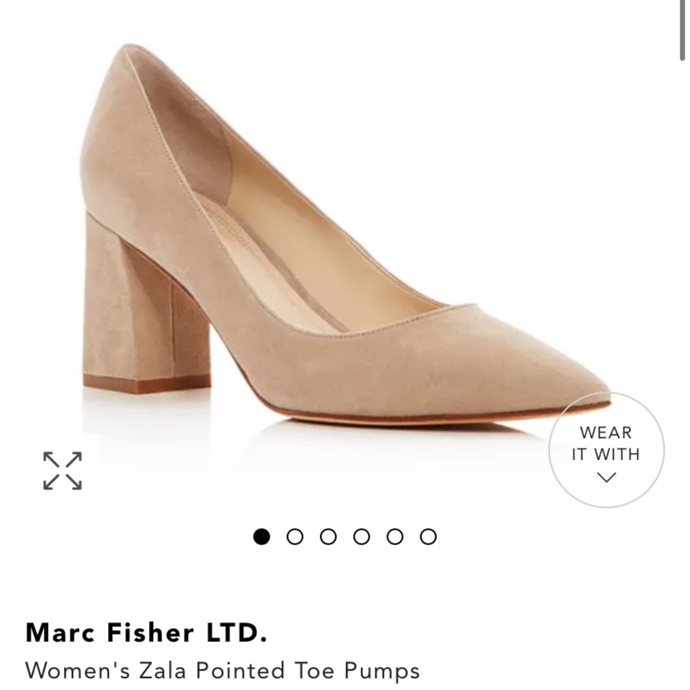 Marc Fisher Beige Suede Pointed Toe Pump with Gold Band on Heel